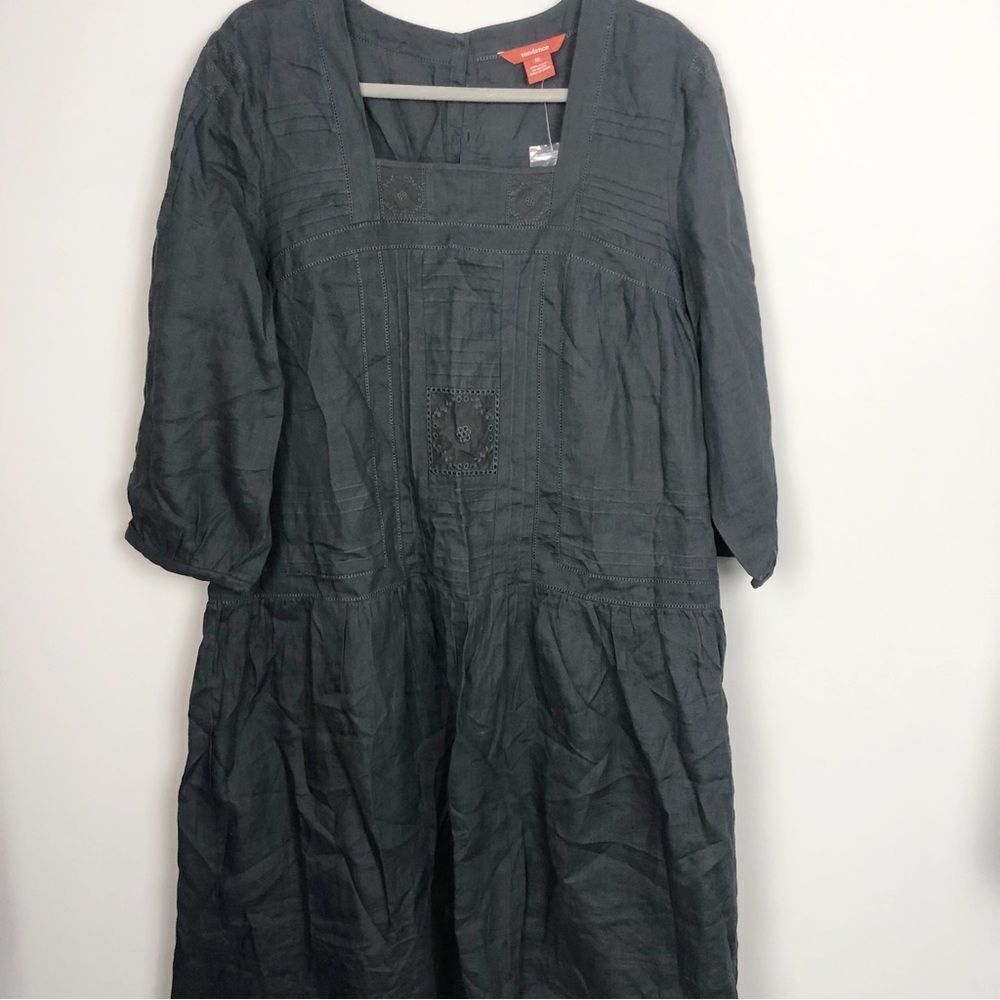 SUNDANCE | NEW Black 100% Ramie Midi Dress Eyelet Accents & Slip Women’s Size 16 - Picture 2 of 9